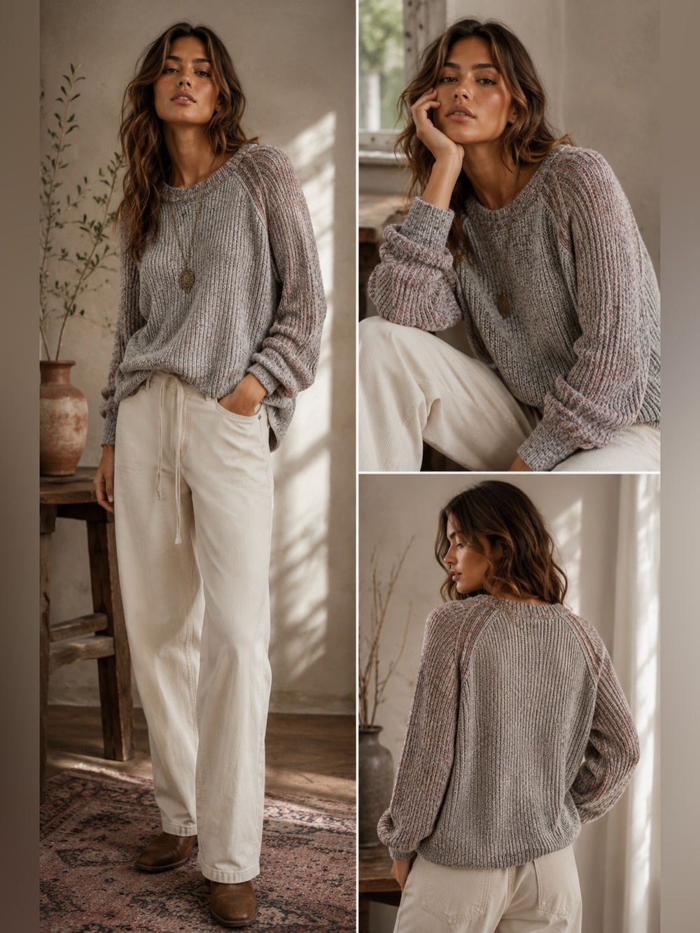 Rag & Bone Gray Pink Cable Knit Crewneck Sweater Chunky Size M